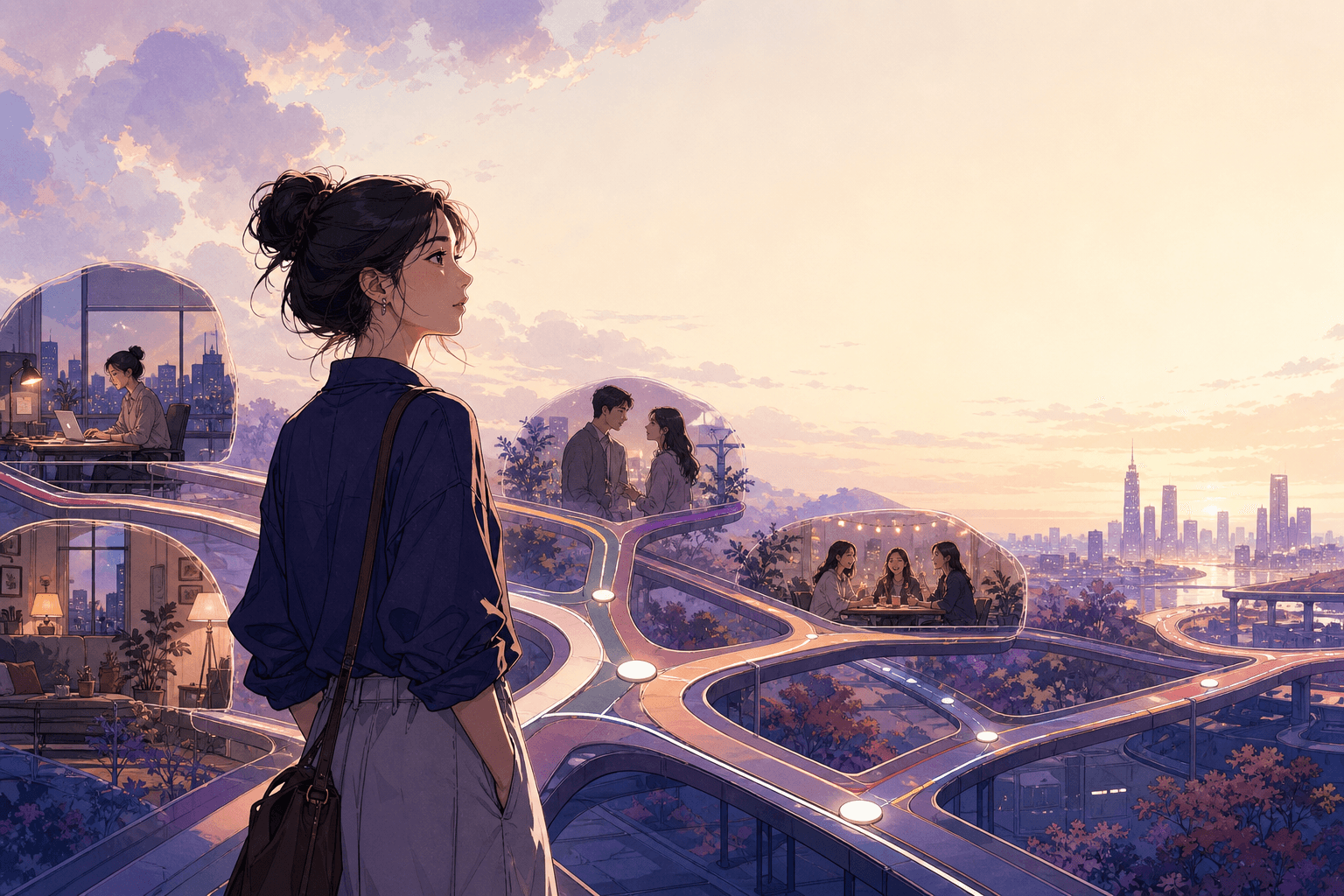 一位女性站在人生的多条分岔路线前