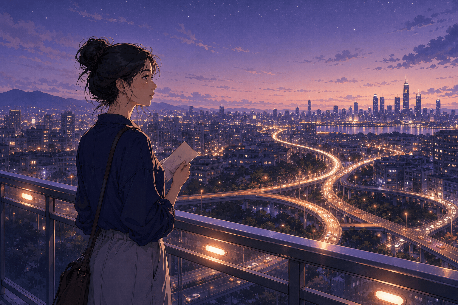 女性站在城市分岔路线前的手绘场景